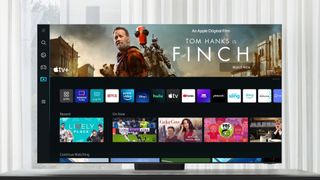 A screenshot of the Apple TV app interface on a Samsung smart TV, against a blue background